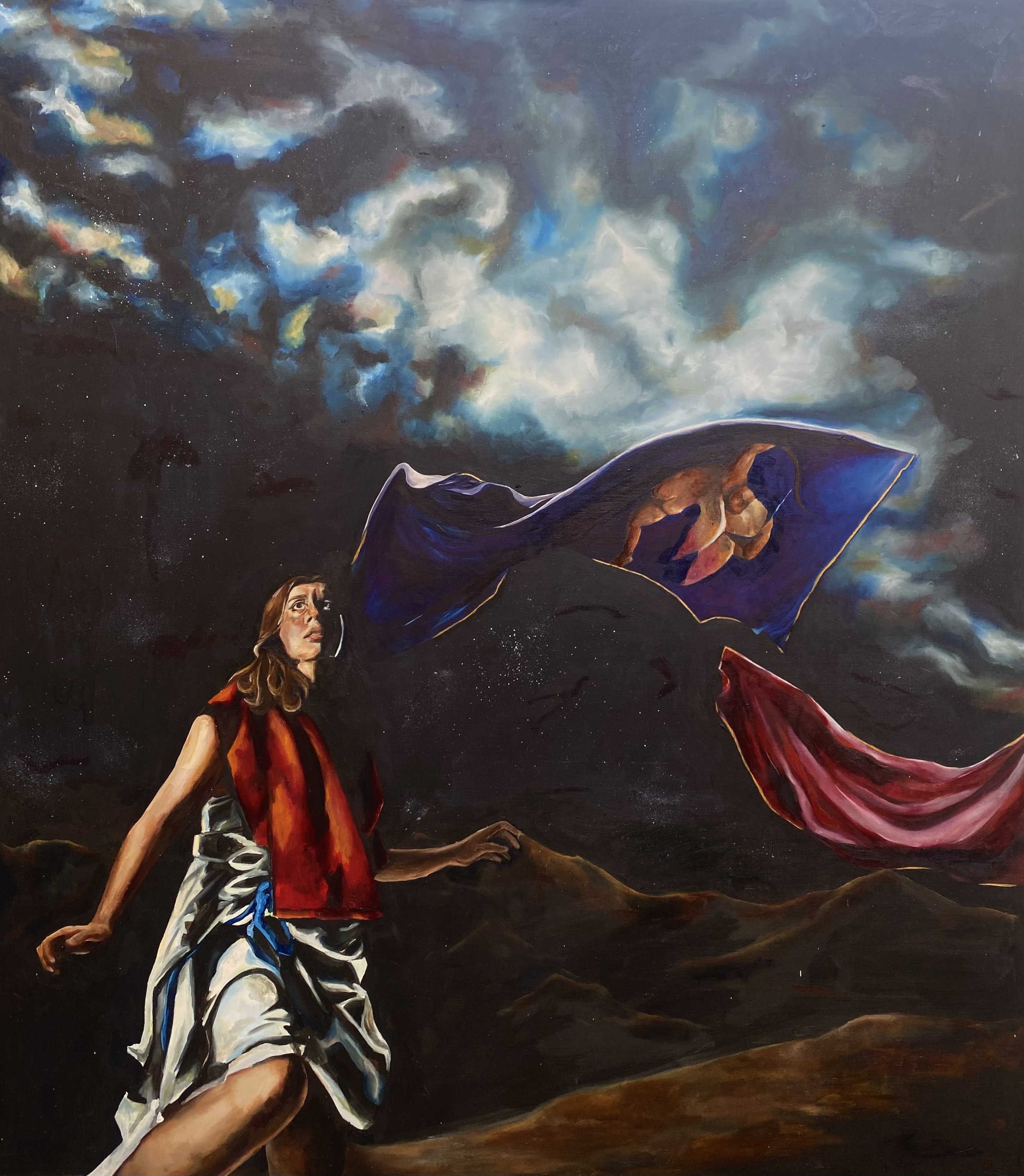 A painting of a woman with detached eyes, gazing upward, with a stormy celestial sky in the background. She is dressed in a red and black outfit and holds a flowing cloth that mimics the clouds.
