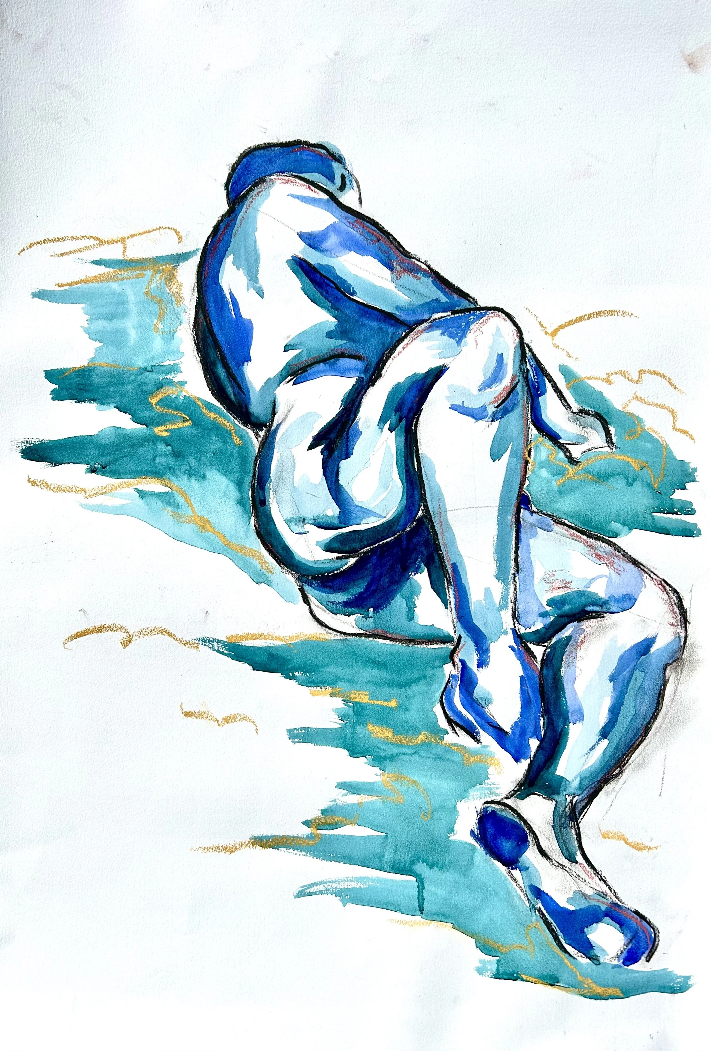 A watercolor painting of a person sitting on the ground with their back turned, wearing a blue jacket, white pants, and blue shoes. The person appears to be resting or reflecting.