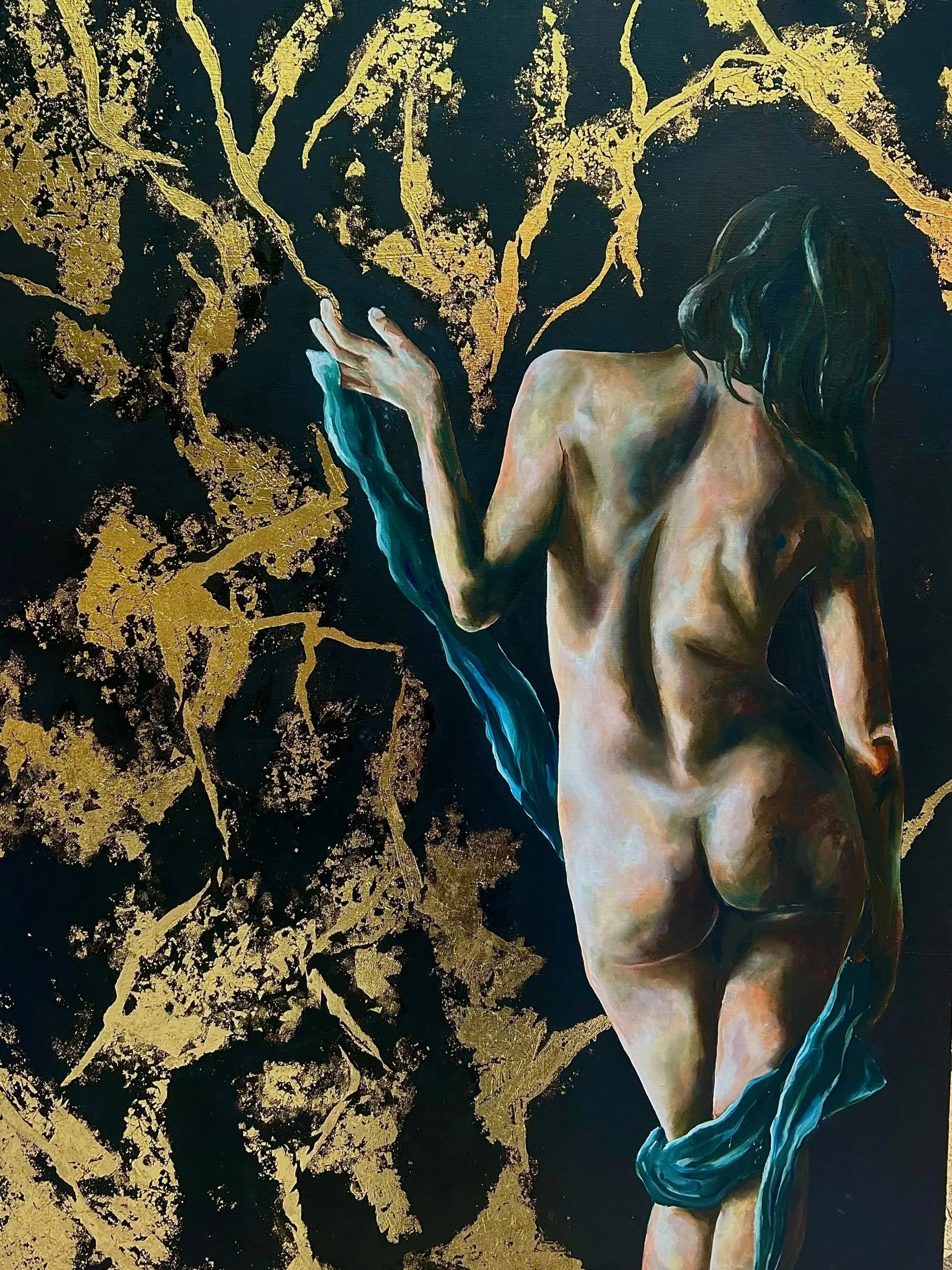 An artistic painting of a nude woman with dark hair and a blue cloth wrapped around her waist, seen from the back, with gold leaf accents and black background.