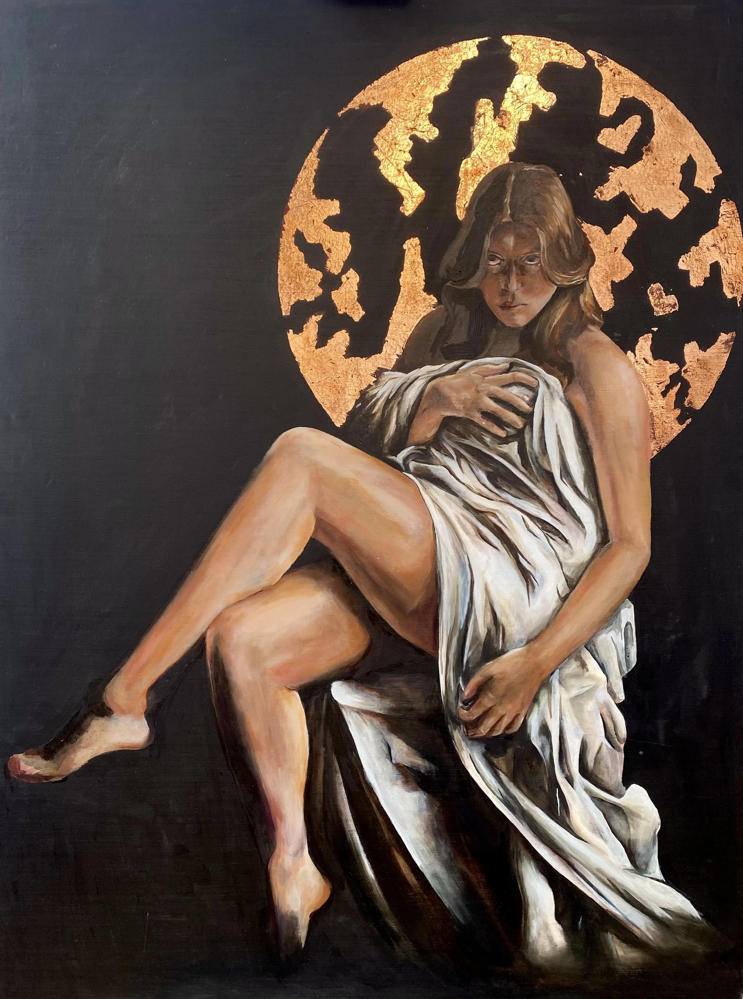 Painting of a woman with brown hair, wearing a white cloth, sitting with crossed legs against a black background with a gold globe behind her