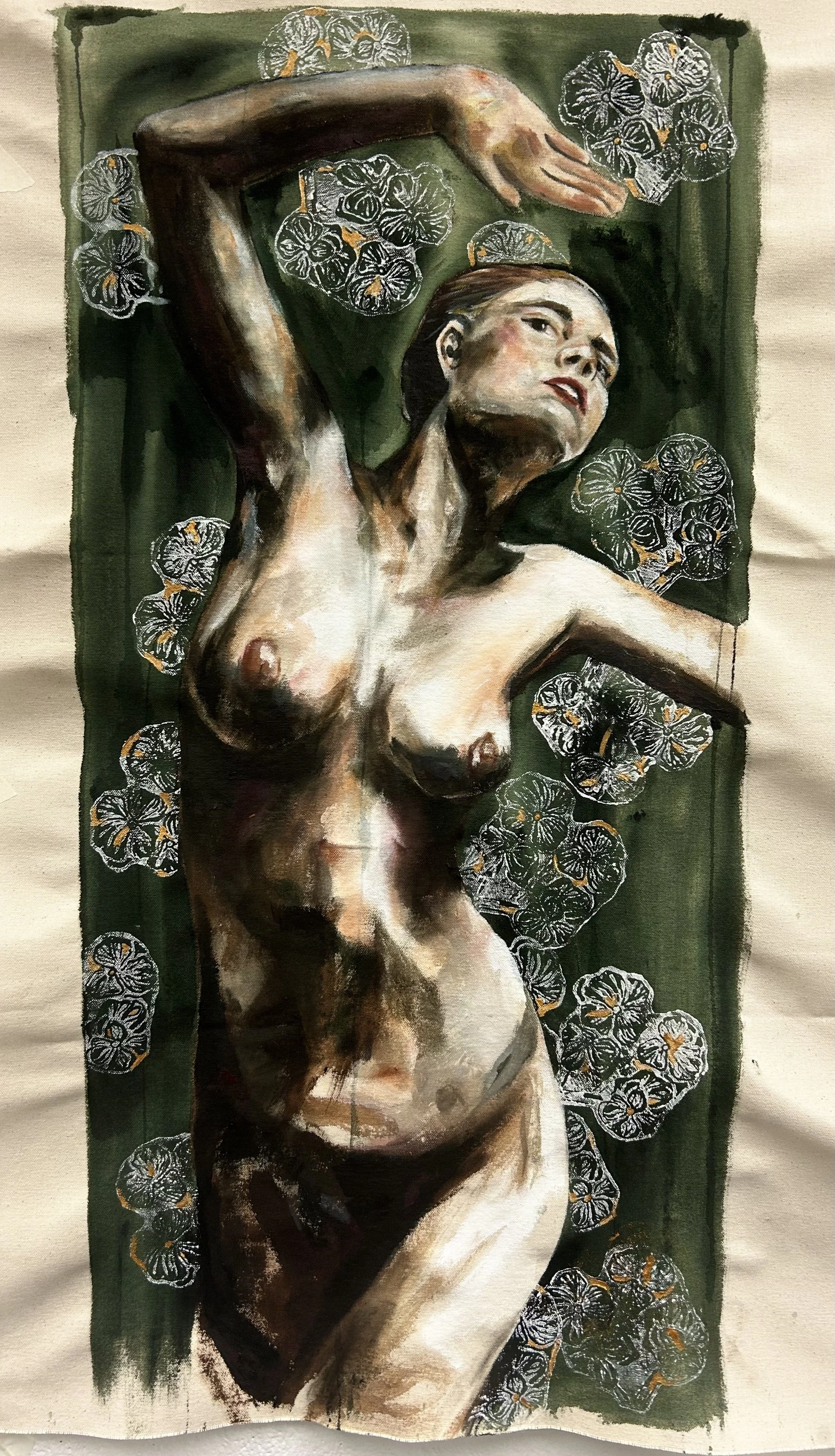A painting of a nude woman with her arm raised above her head, surrounded by black and white flower motifs with orange accents, set against a dark green background.