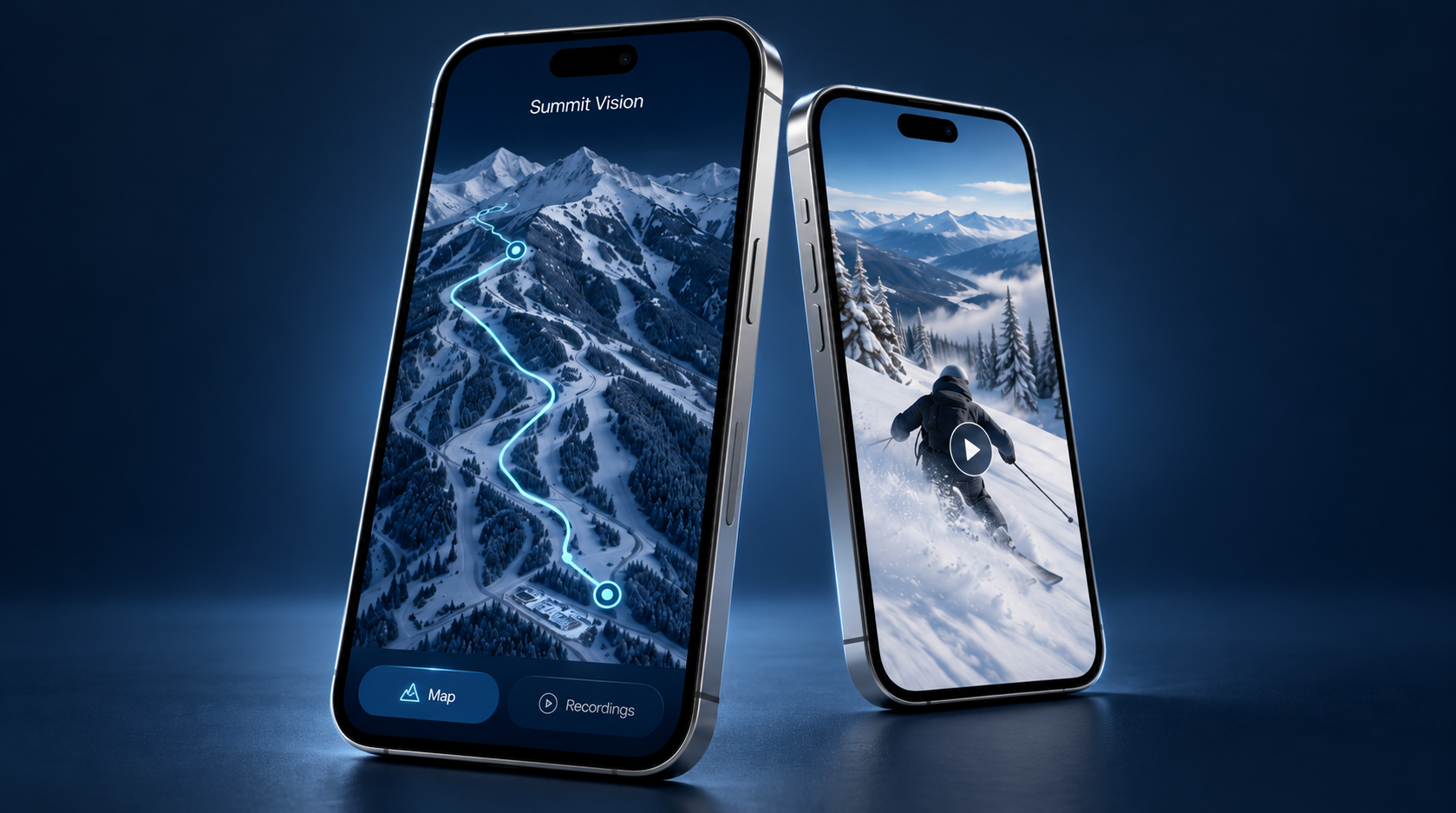 Summit Vision Pro app concept showing a mountain trail map and run recording on two phones