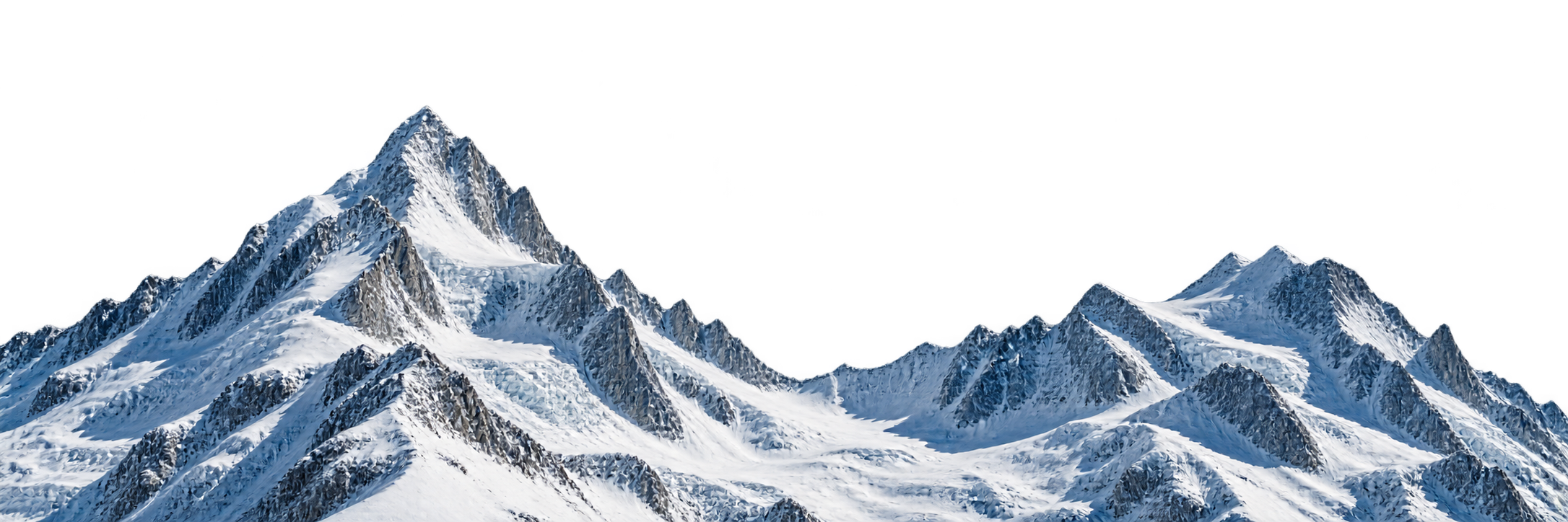 Snow-covered alpine peaks with ice-blue shadows