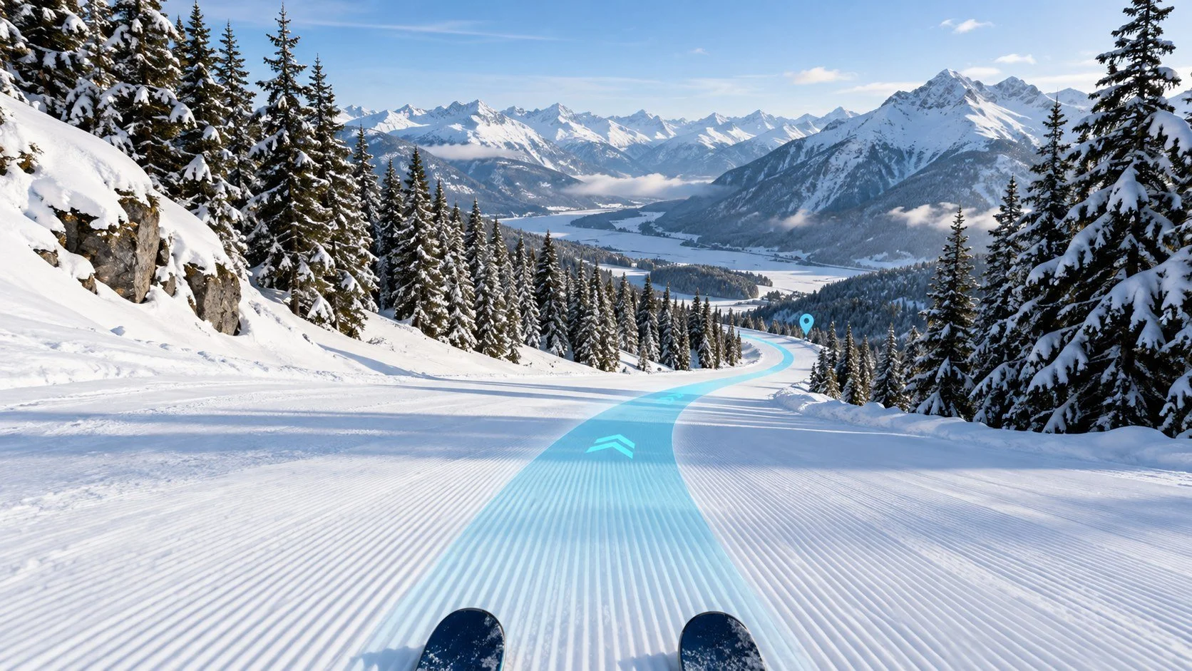 Illustrative heads-up ski goggle display with trail navigation over a snowy mountain