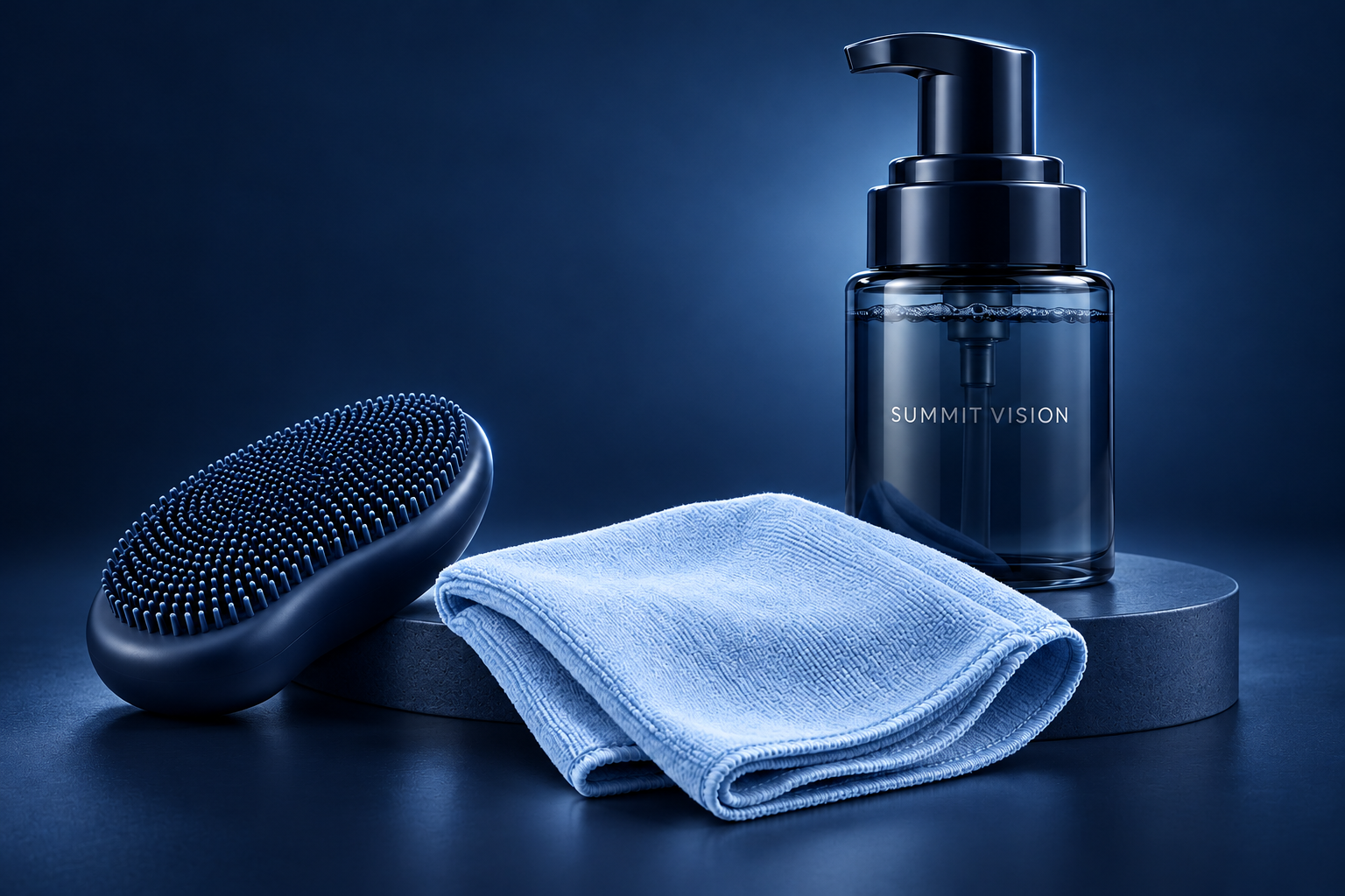 Summit Vision cleaning kit with soft scrub, foaming soap bottle and microfiber cloth