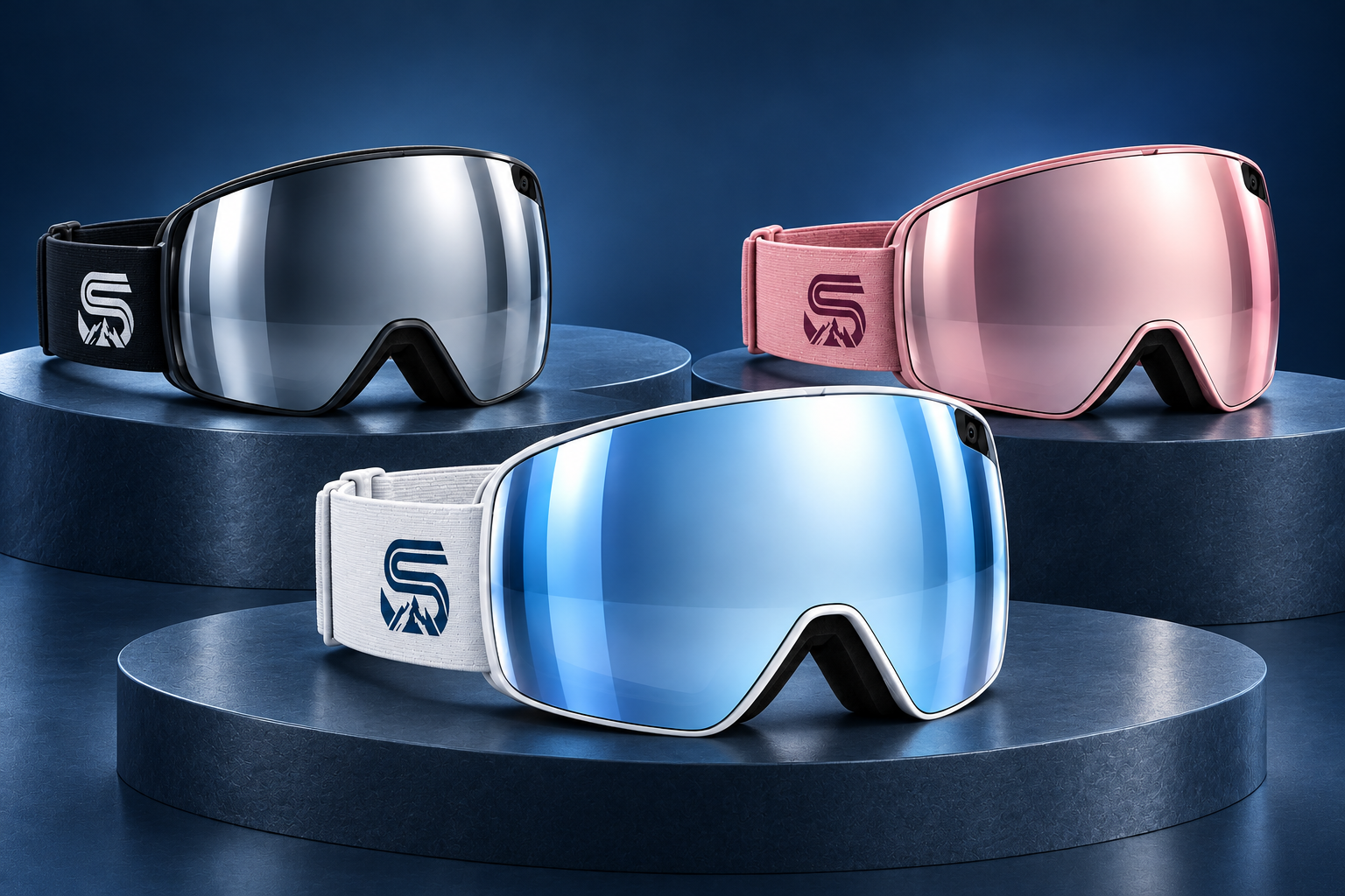 Summit Vision Peak goggles in black, pink and white on navy display platforms