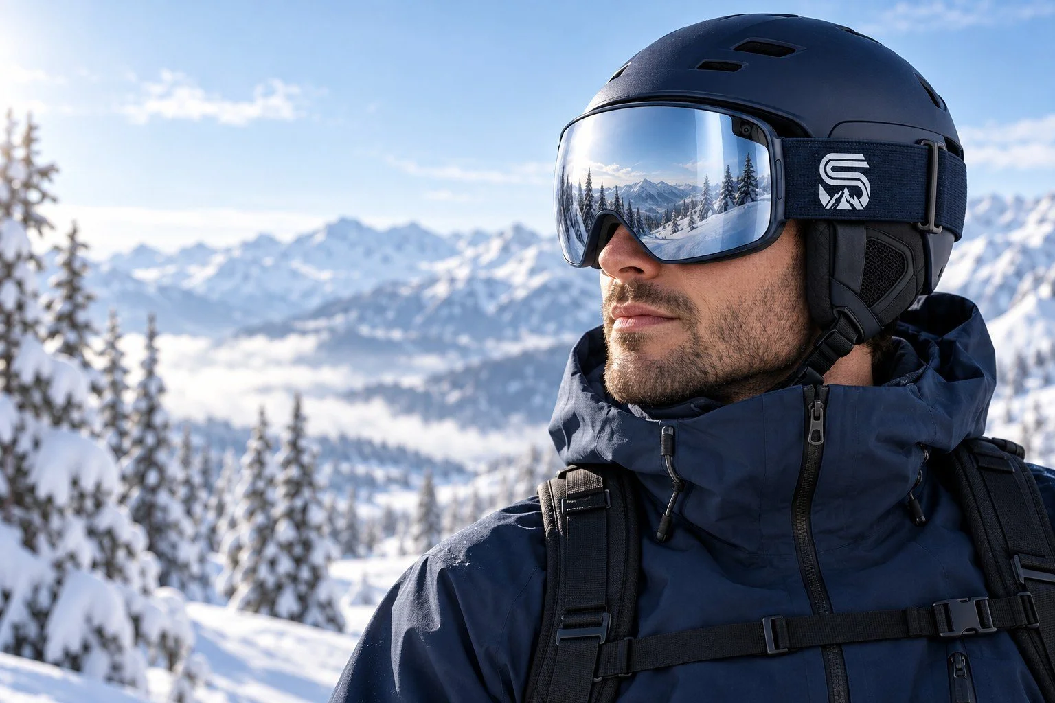 Skier wearing Summit Vision goggles on a snowy mountain