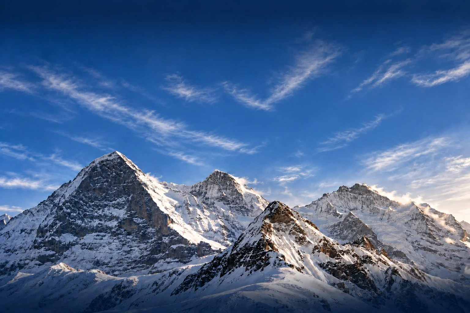 Snow-covered Alpine peaks beneath a blue sky fading into midnight navy