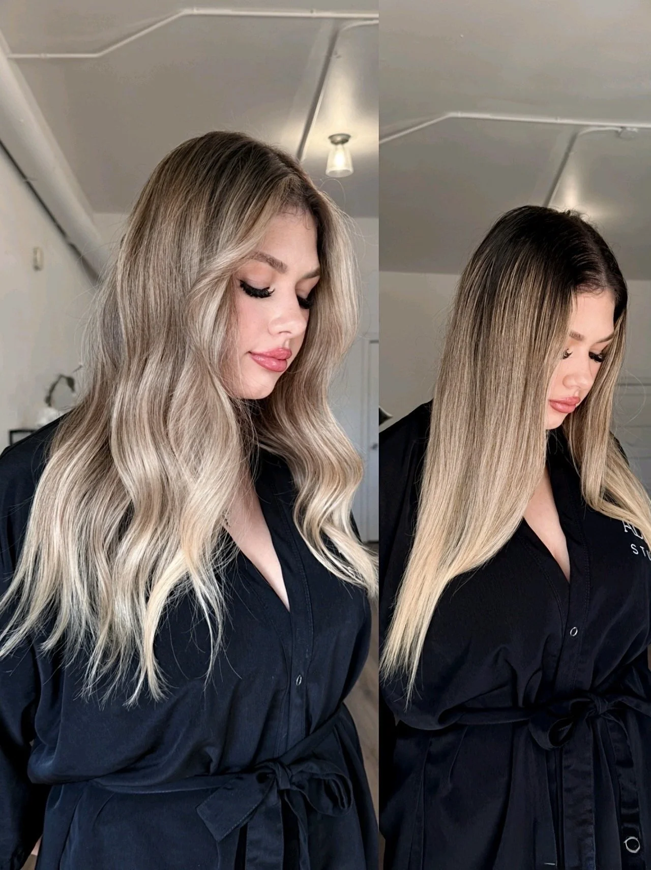 Before and after of a client with long blonde healthy hair by Aloe Studio