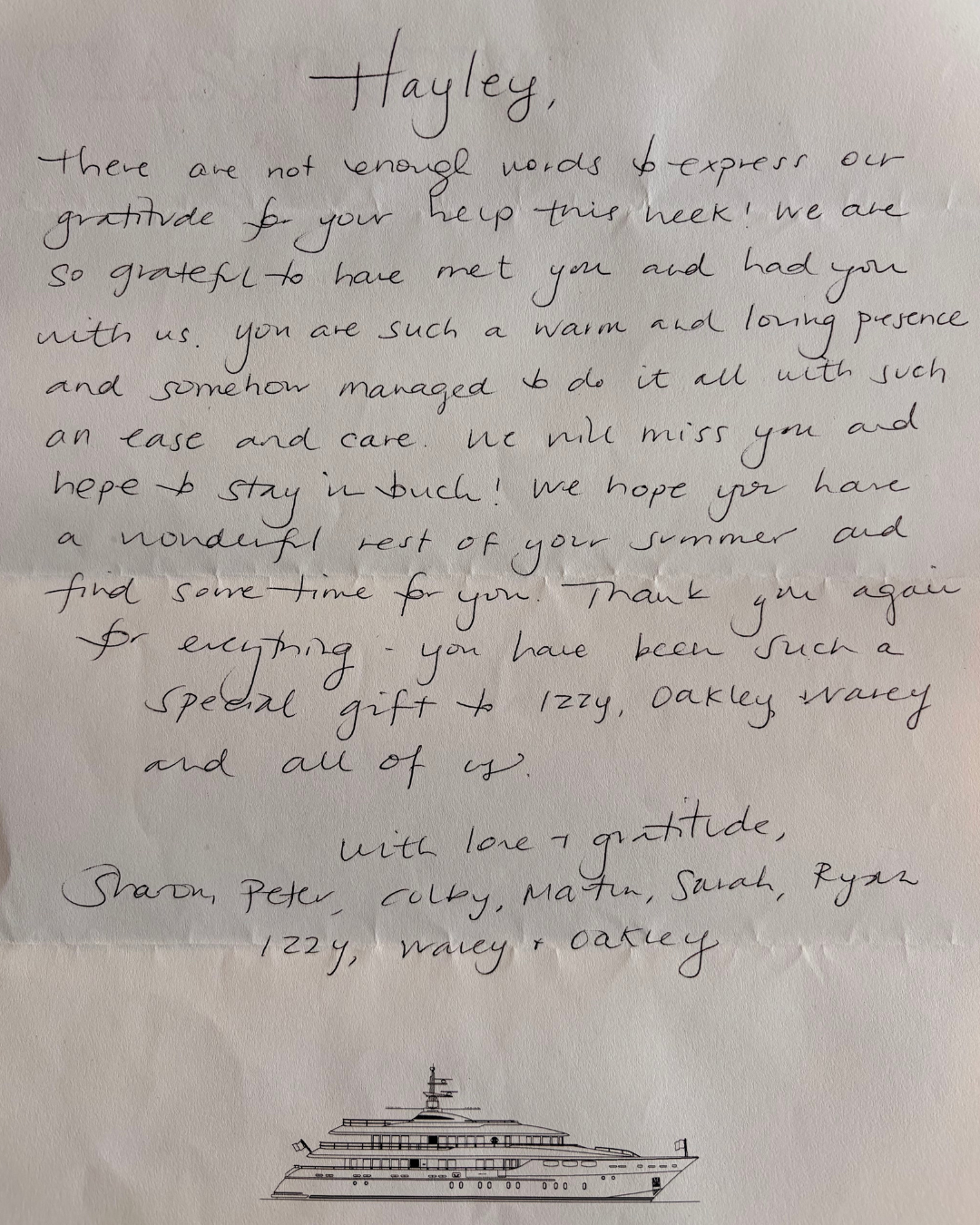 A handwritten thank you note on white paper with a detailed sketch of a yacht at the bottom.