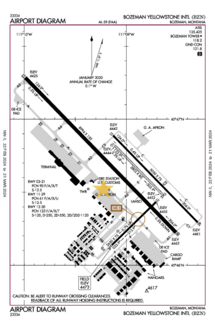 A diagram of the KBZN airport, showing where the Straight and Level Aeromedical office is
