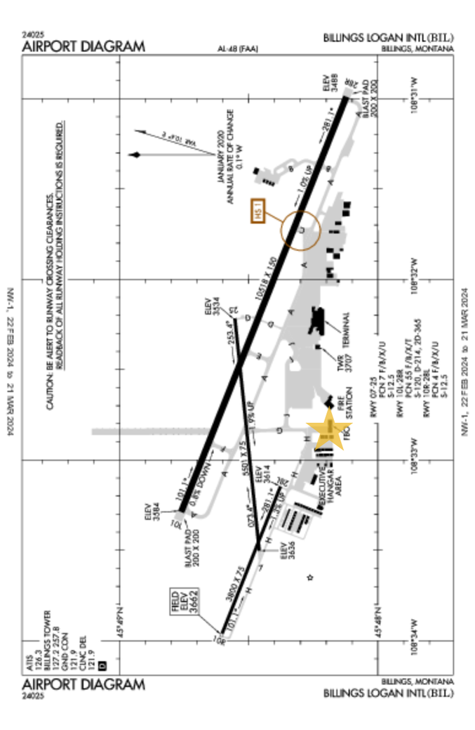 A diagram of the KBIL airport, showing where the Straight and Level Aeromedical office is