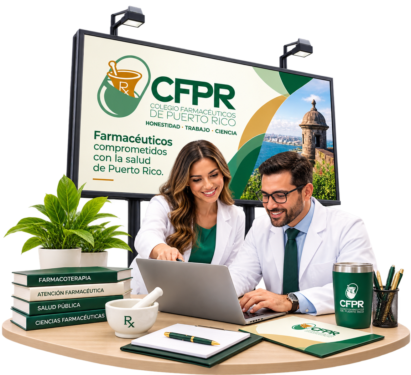 Dos doctores en un escritorio con libros, objetos de farmacia y una computadora portátil, en un entorno académico relacionado con farmacéuticos en Puerto Rico, con un cartel que promociona el Colegio Farmacéuticos de Puerto Rico y su compromiso con la salud.