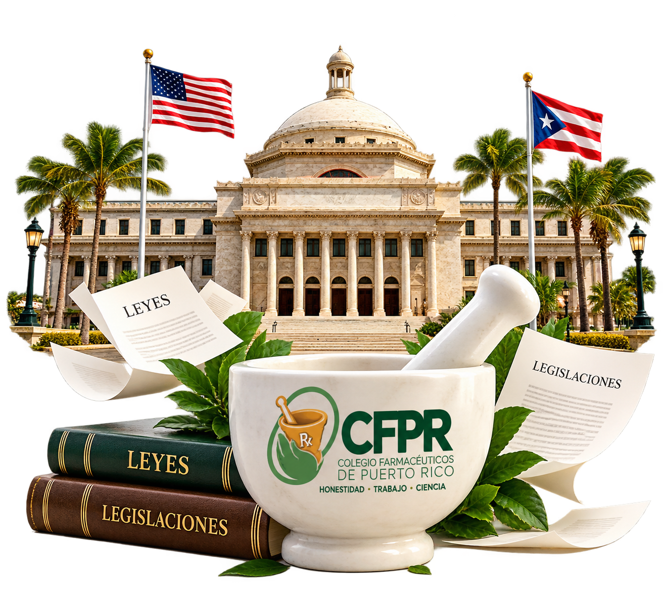 Edificio gubernamental con banderas de Estados Unidos y Puerto Rico, rodeado de palmeras, con una taza con el logo de colegia farmacéuticos, libros y papeles con las palabras leyes y legislaciones.