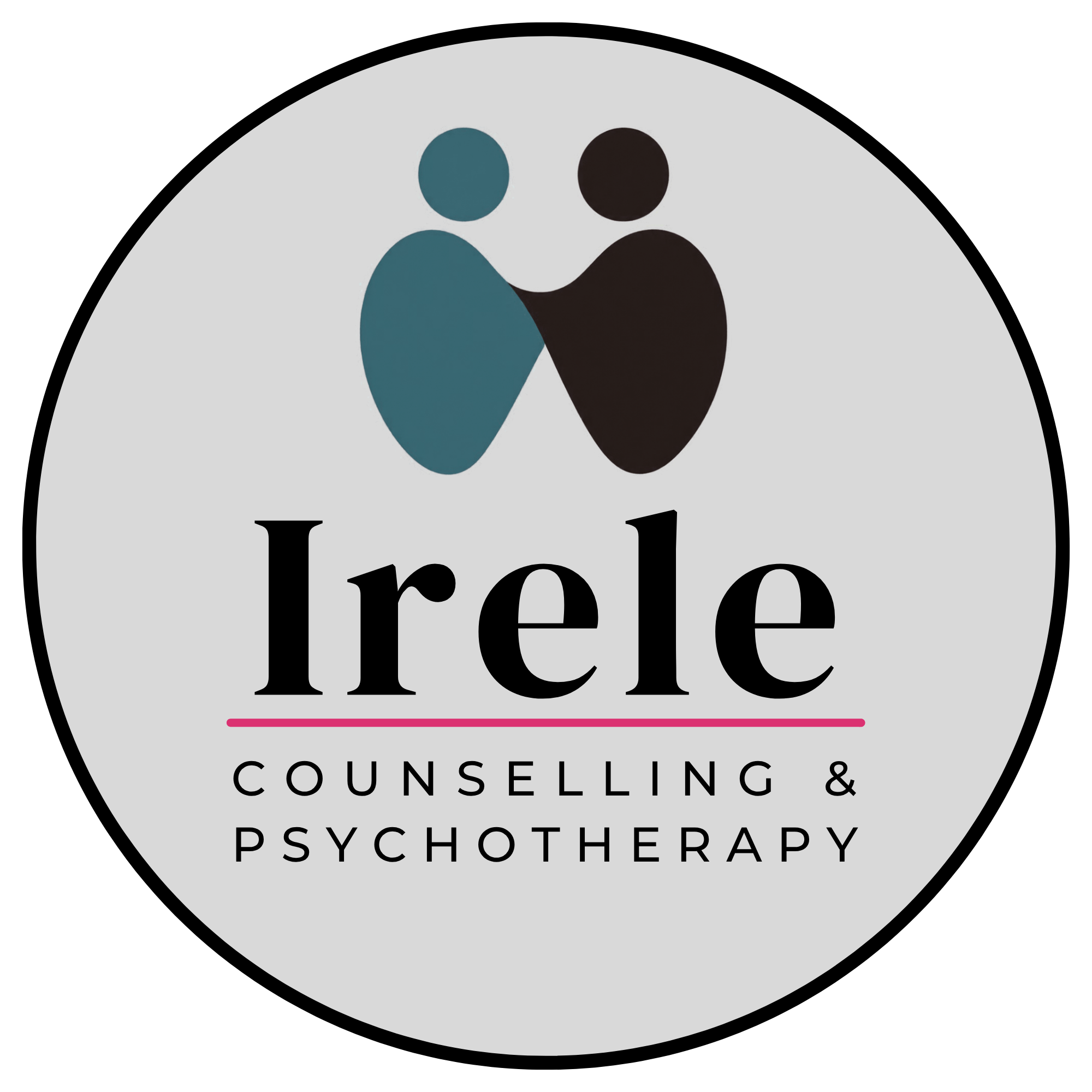 Irele Counseling & Psychotherapy logo with two abstract figures and teal and brown heart shapes