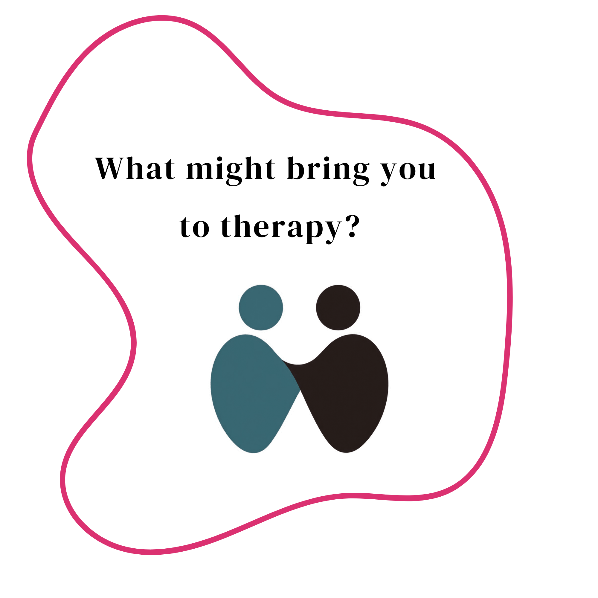 Abstract magenta and pink graphic featuring overlapping blue and brown heart-shaped figures beneath bold black text.