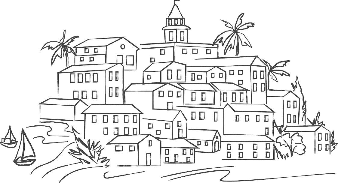 Line drawing of a coastal hillside town with numerous houses, palm trees, and sailboats on the water.