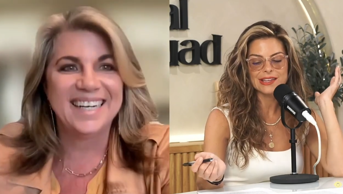 Split-screen image of two women. The woman on the left has shoulder-length wavy blond hair, smiling, wearing a tan jacket and earrings. The woman on the right has long, curly hair, glasses, jewelry, and is speaking into a microphone while gesturing with her left hand.