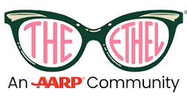 The Ethel logo with a pair of glasses with the words 'The Ethel' in pink on the lenses and 'an AARP community' in black and red underneath