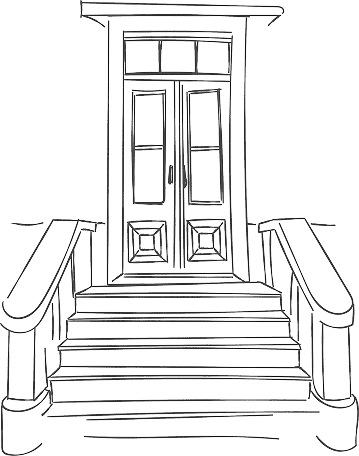 Black and white line drawing of front steps leading to a door, with railings on each side.