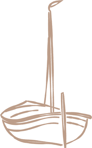 Simple line drawing of a sailboat with a single mast and a small sail.