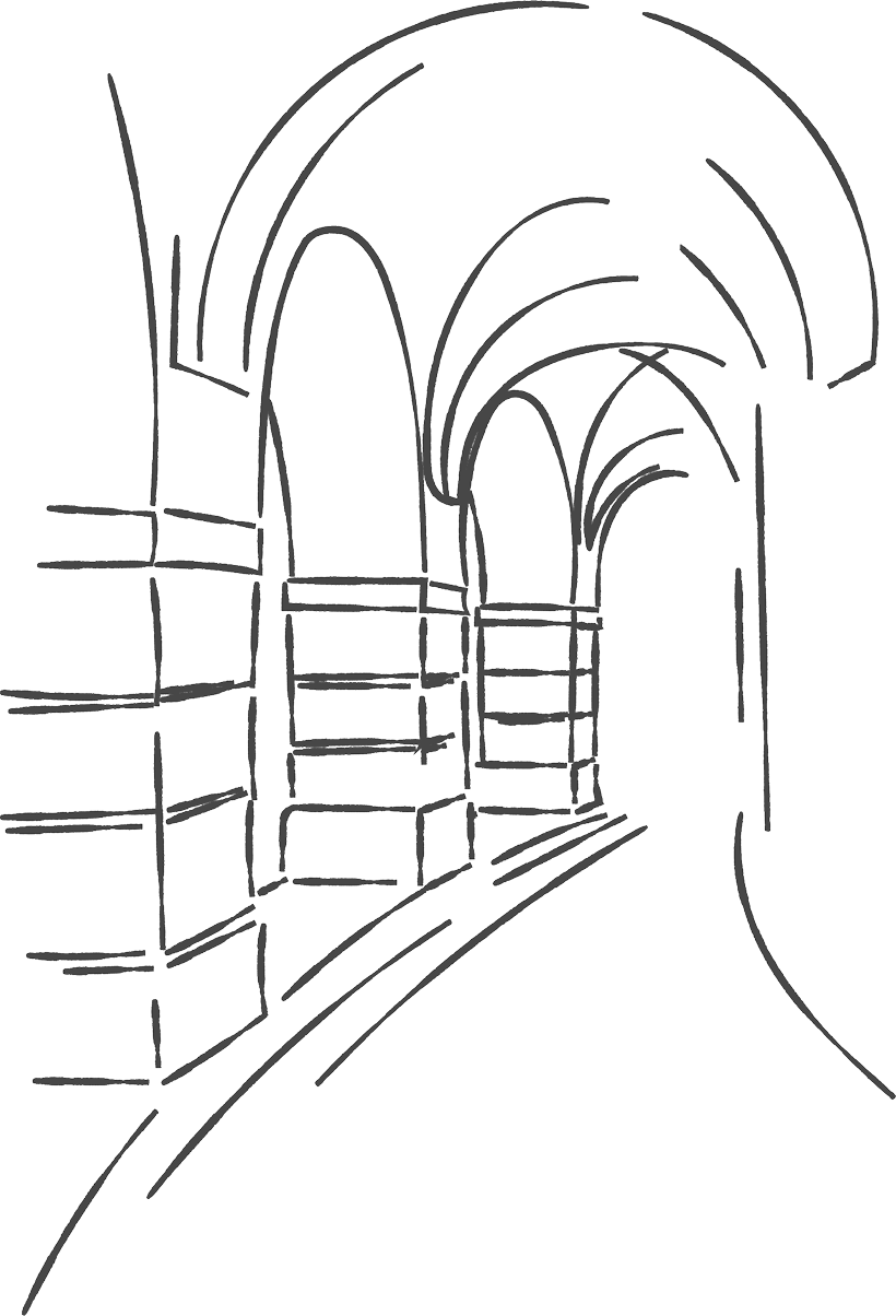 Simple line illustration of a pathway with columns curving away from view.