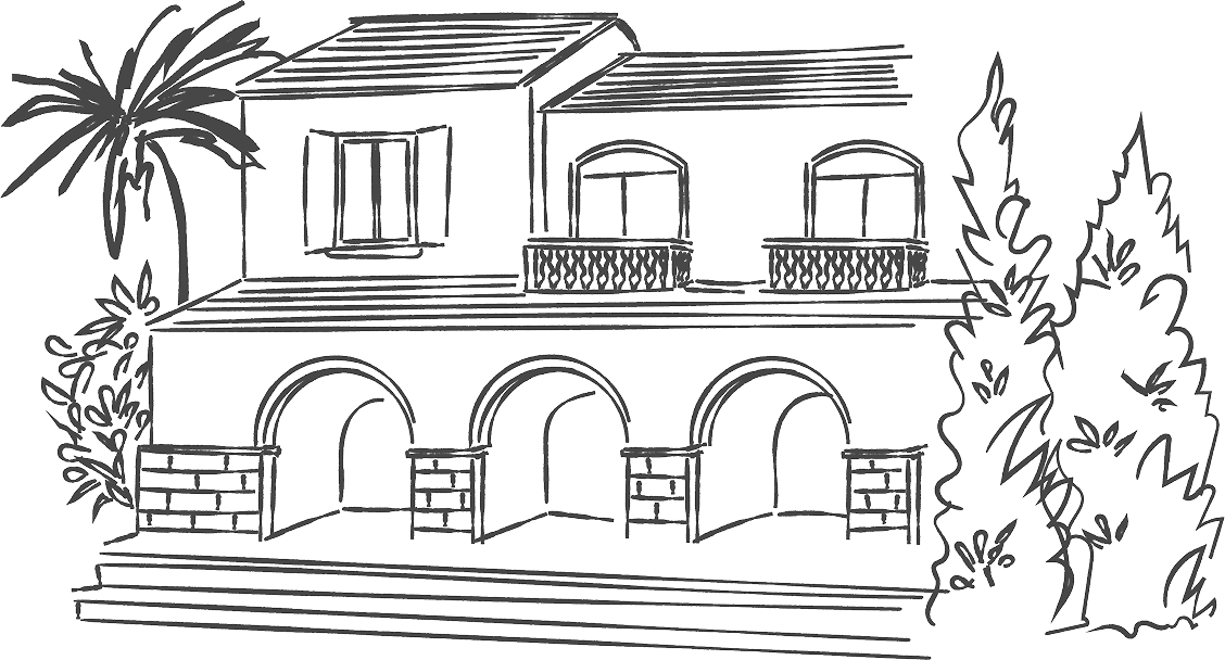 Line drawing of a two-story house with arched porch openings, a balcony with railing, and surrounding trees and bushes.