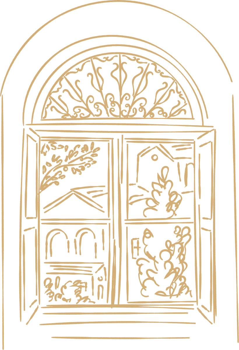 Line drawing of an arched window with a landscape scene in the background.
