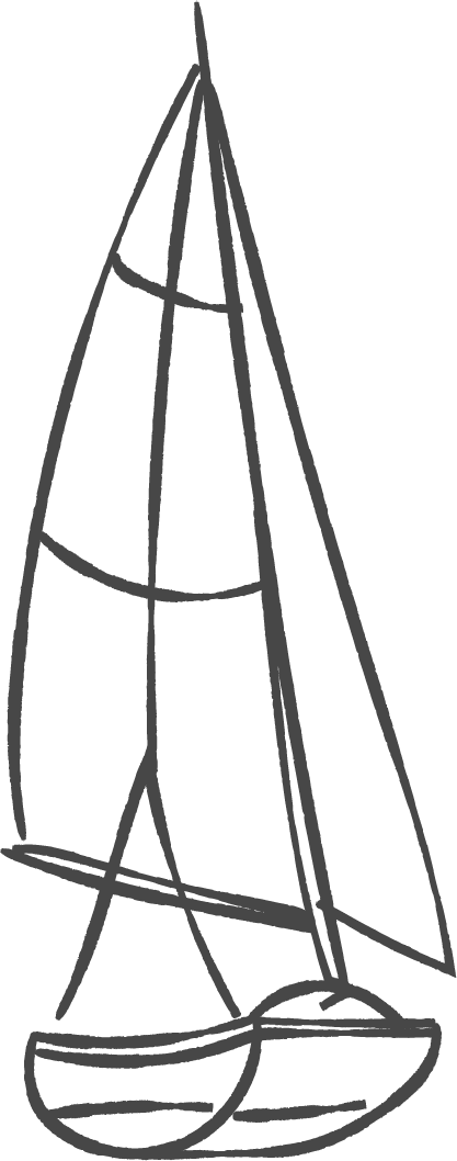 Simple sketch of a sailboat with a large triangular sail and a smaller one beneath it, floating on water.