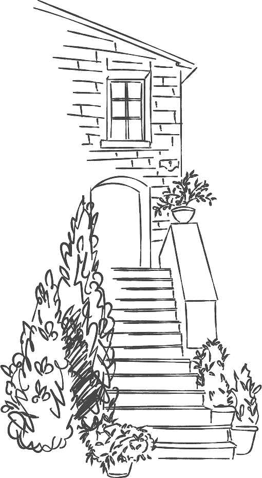 Line drawing of a house front with stairs, potted plants, an arched doorway, and a window above.