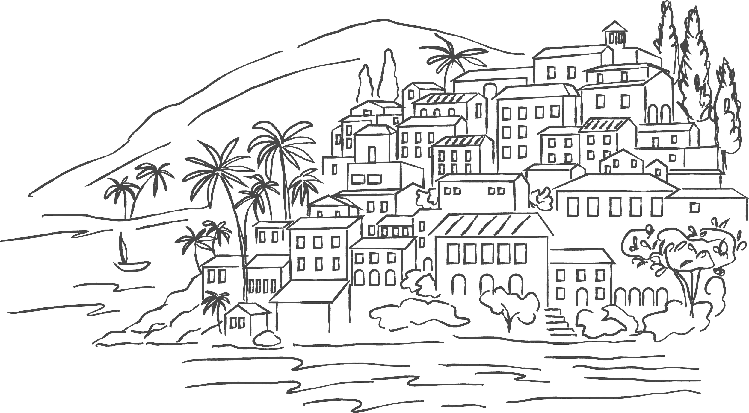 Line drawing of a hillside village with multiple buildings, palm trees, and vegetation as seen from a river or water body.