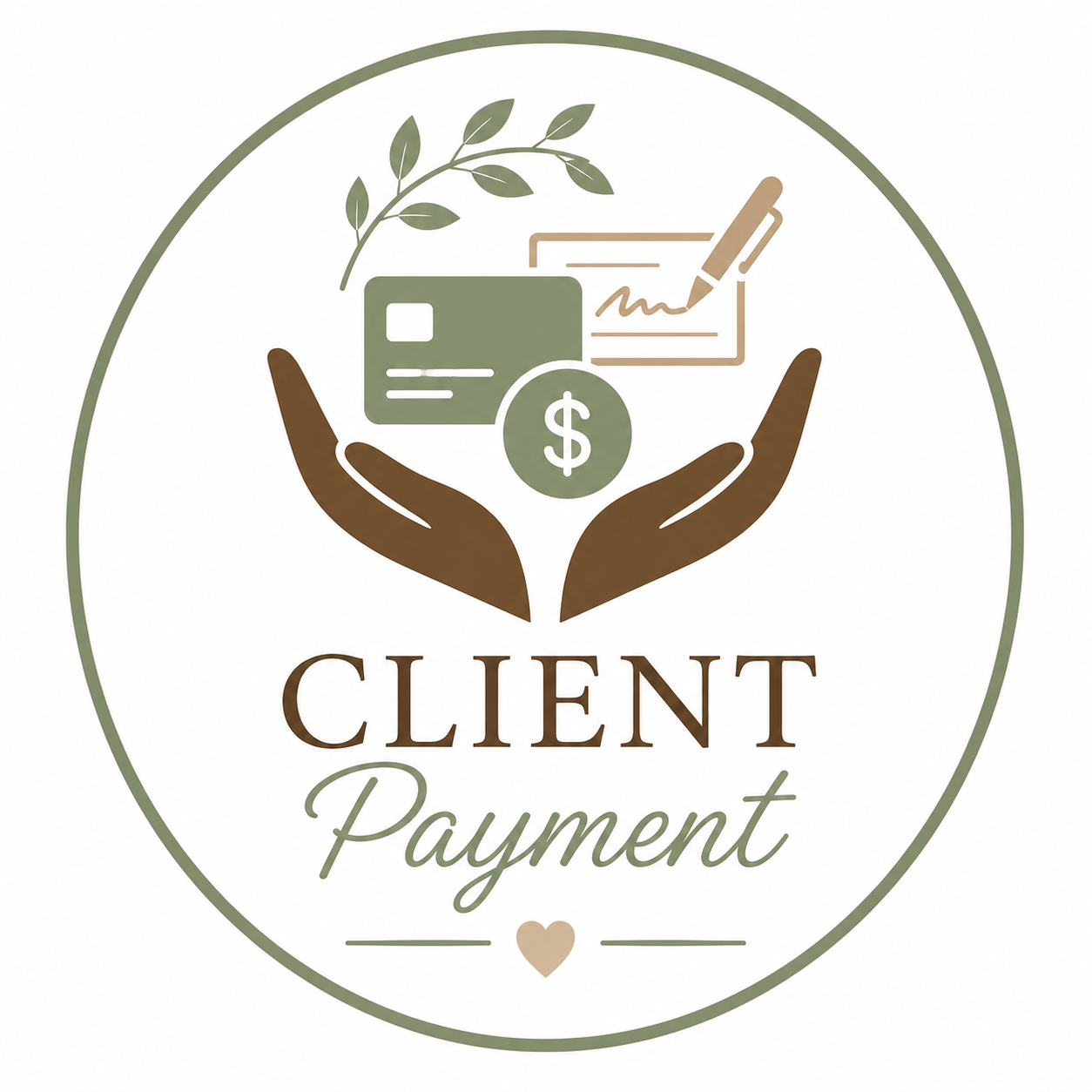 A logo with two hands holding a dollar sign, credit card, and a paper with a pen, surrounded by a circle and leaf design, with the text "Client Payment" underneath.