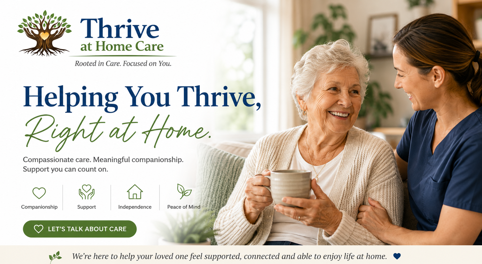 A caregiver and an elderly woman share a joyful moment with smiles in a cozy home, promoting Thrive at Home Care services.