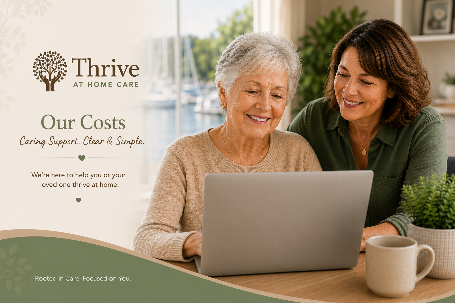 A senior woman and a caregiver woman smiling while looking at a laptop in a bright room with a view of a marina outside.