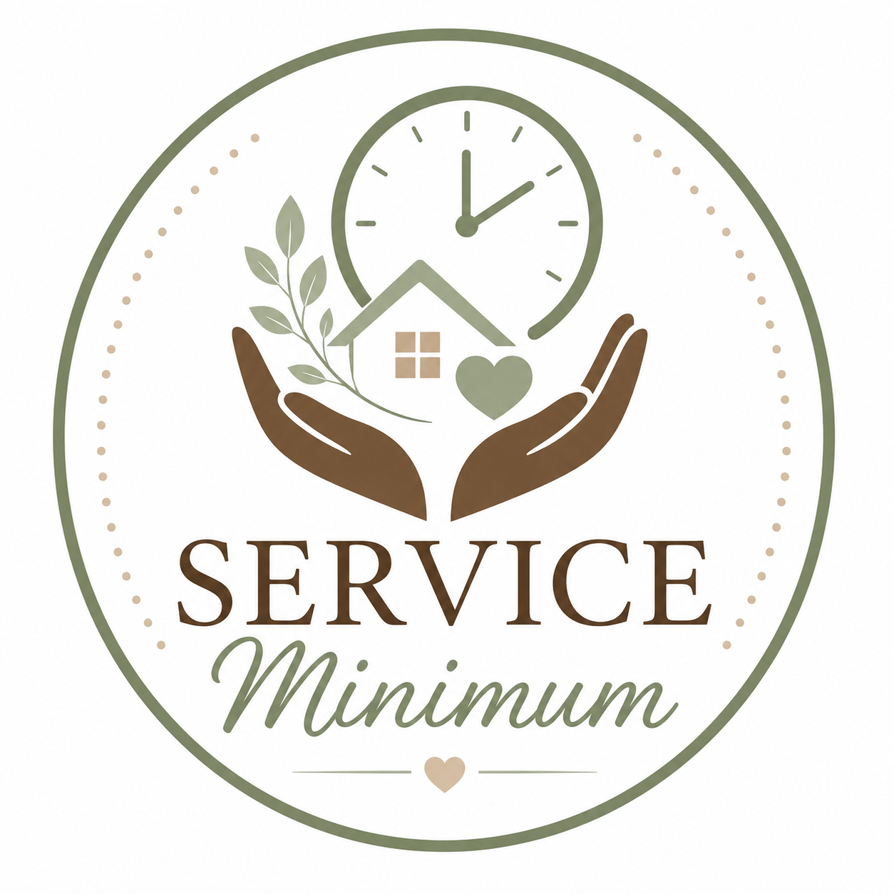 A logo with a clock, a house, a heart, and hands, with the text "Service Minimum" beneath. The logo uses earth tones and has a circular border.
