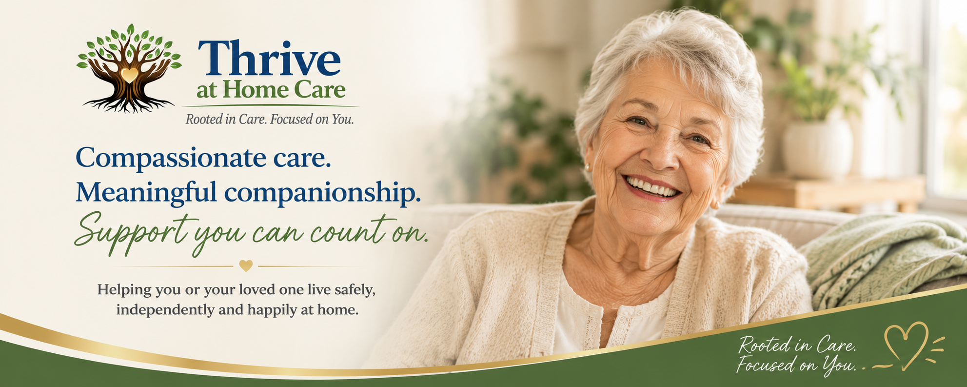 An elderly woman with gray hair smiling in a cozy, well-lit room decorated with plants.
