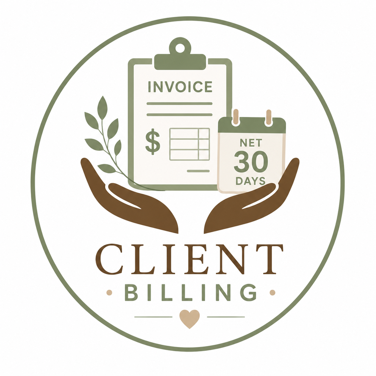 A graphic illustration showing a pair of hands holding a clipboard with an invoice and a small calendar with 'Net 30 Days' written on it. The text 'Client Billing' is at the bottom, with a small heart symbol and a leafy branch for decoration.