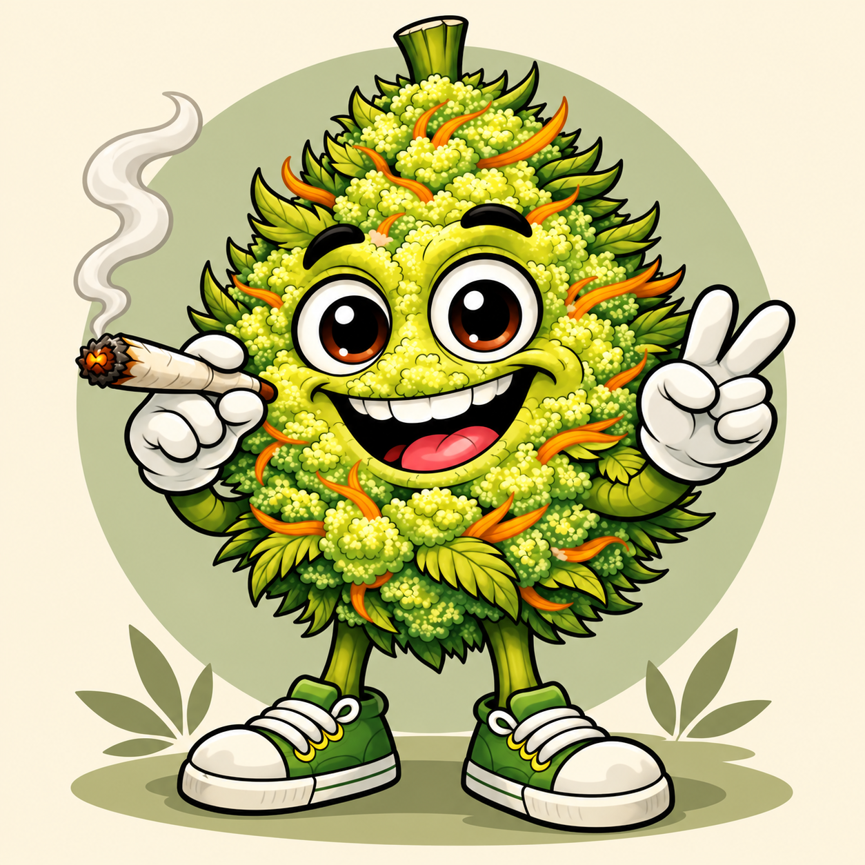 Buddy in green sneakers, holding a joint and giving a peace sign against a simple sage background.