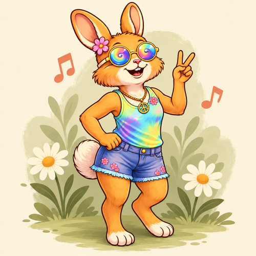 Daisy Drift wearing rainbow sunglasses, a tie-dye top and denim shorts beside daisies and music notes.