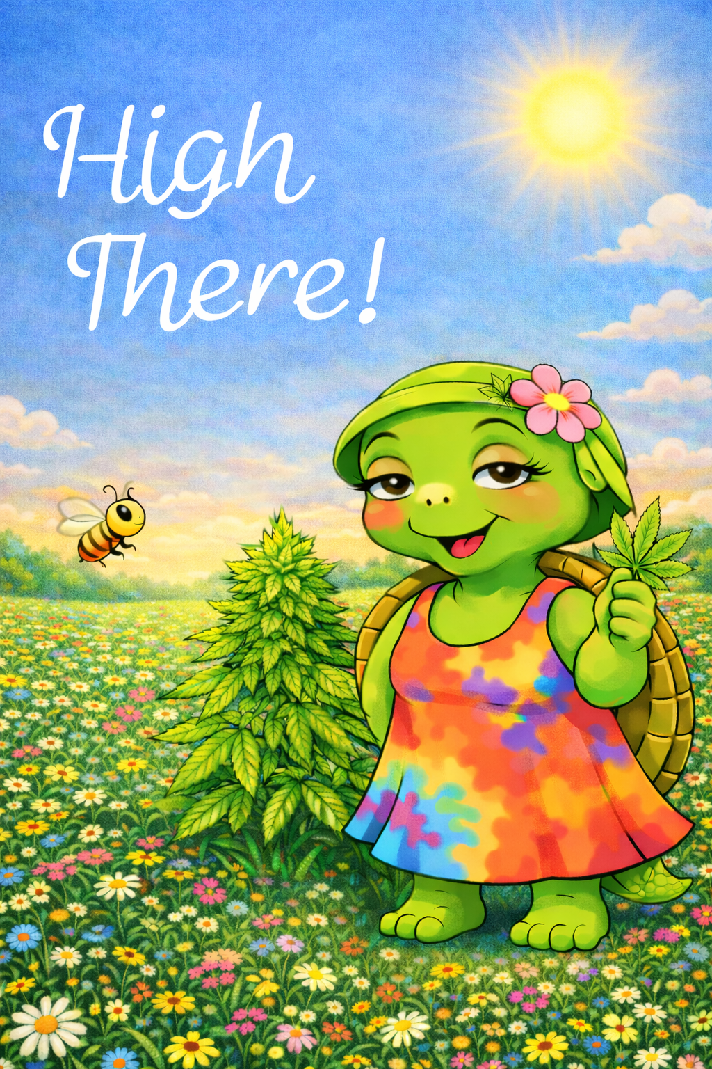 High There! Mary Jane, a turtle in a tie-dye dress and green hat, in a flower-filled meadow.