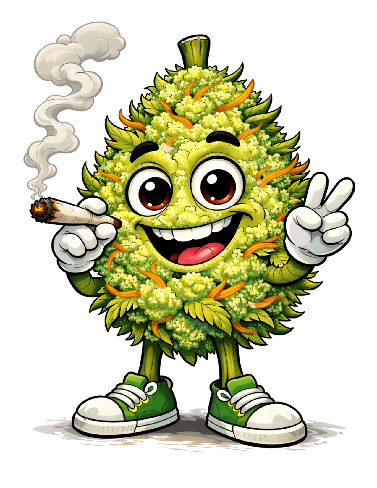 Buddy, a smiling green bud character in sneakers, holding a lit joint and giving a peace sign.