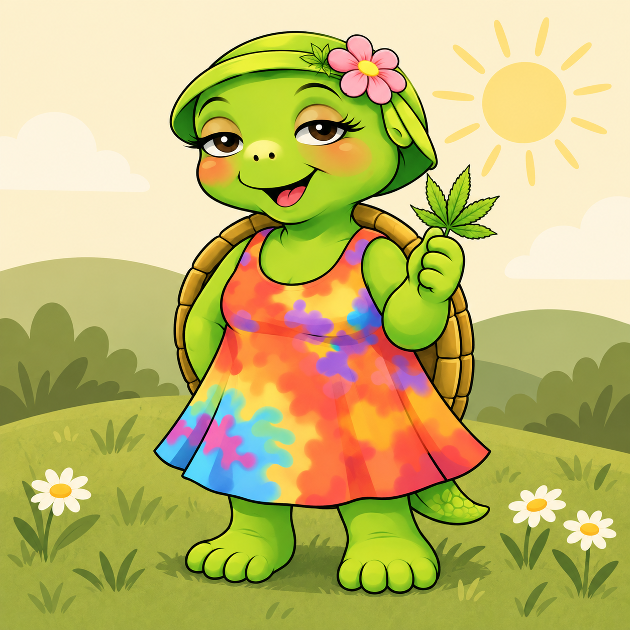 Mary Jane in her tie-dye dress and green flowered hat in a sunny meadow.