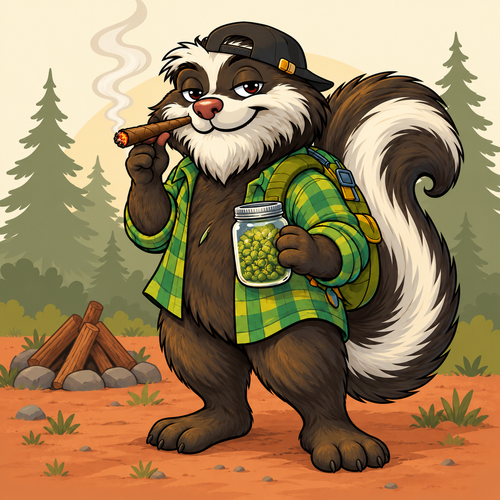 OG Skunk in a green plaid shirt and backward cap, smoking a brown blunt and holding a jar beside a simple woodland campsite.