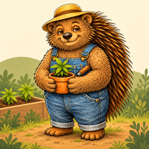 Grand Daddy Porcupine in a straw hat and overalls, holding a potted plant beside a garden bed.