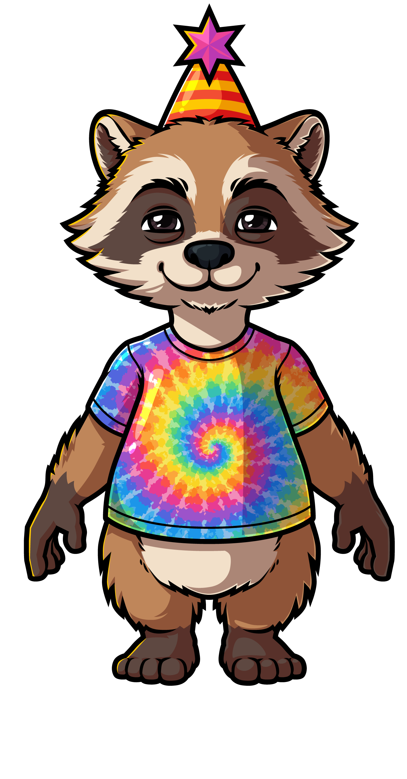 Snax, a smiling raccoon wearing a tie-dye shirt and party hat.