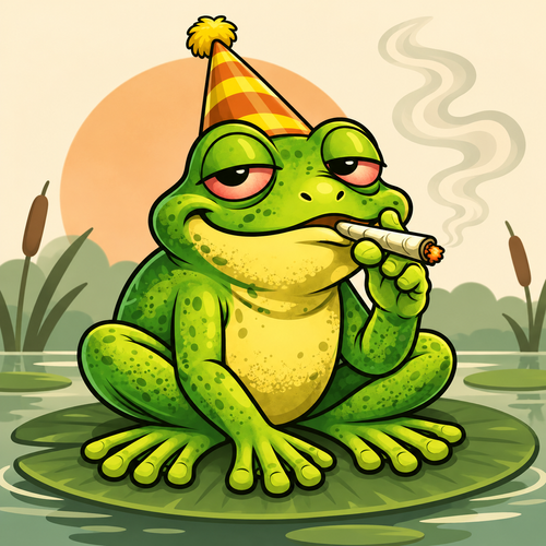 Party Frog in a yellow party hat, sitting on a lily pad beside reeds.