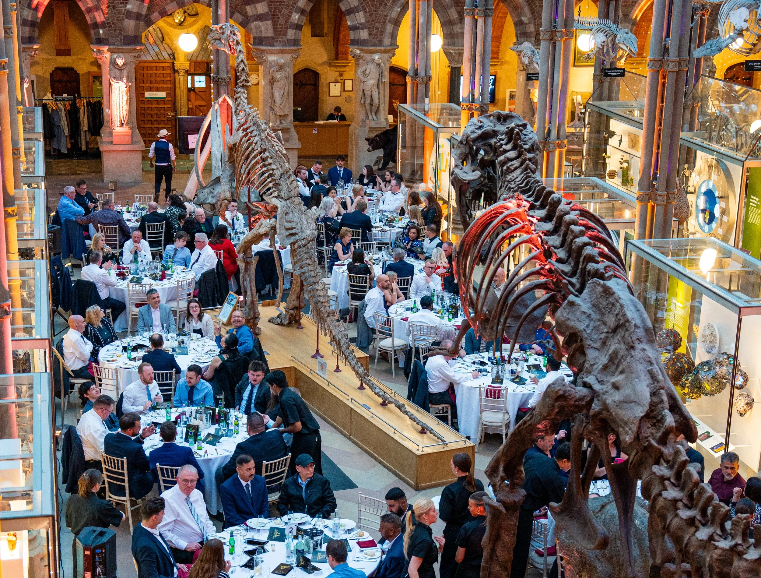 A large indoor space resembling a museum or grand hall with a curved dinosaur skeleton running through the center. There are multiple round tables with people dining, dressed in formal and semi-formal attire. The background features statues, display 