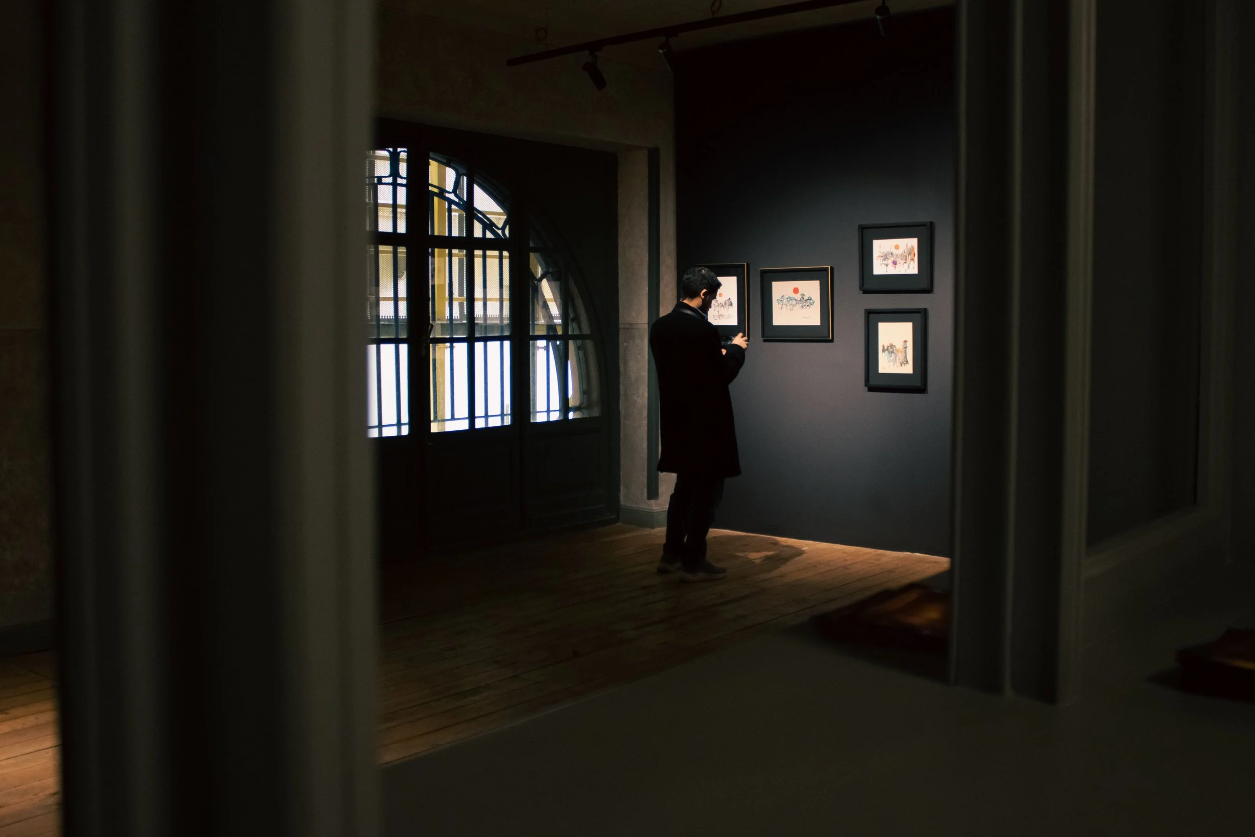 Visitor viewing framed artwork in a contemporary gallery exhibition, representing visual arts, creative curation, cultural programming, artist promotion, and digital gallery discovery.