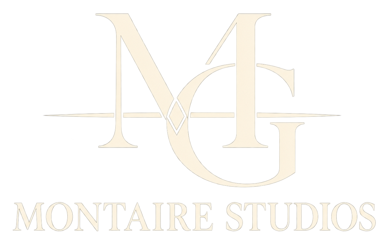 Montaire Studios ivory MG monogram logo for Montaire Group’s photography, video production, graphic design, content creation, campaign production, and creative execution sector.