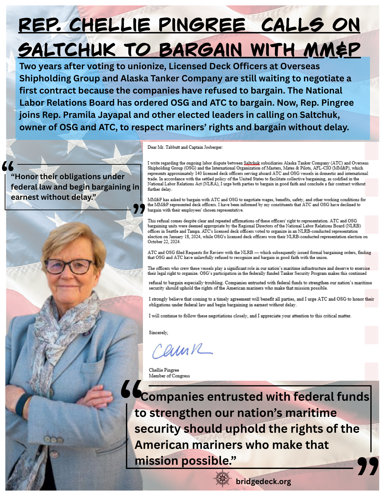 Advocacy graphic featuring Representative Chellie Pingree, a letter urging Alaska Tanker Company and Overseas Shipholding Group to bargain with maritime unions, and quotes supporting American mariners’ labor rights.